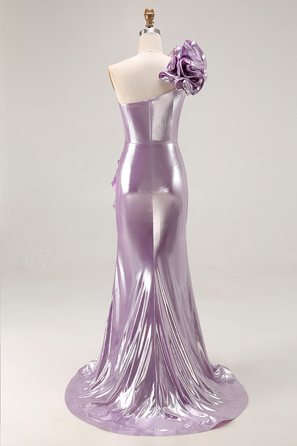 Sparkly Light Purple Metallic Mermaid Ruffled Long Prom Dress with 3D Flower
