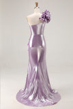 Sparkly Light Purple Metallic Mermaid Ruffled Long Prom Dress with 3D Flower