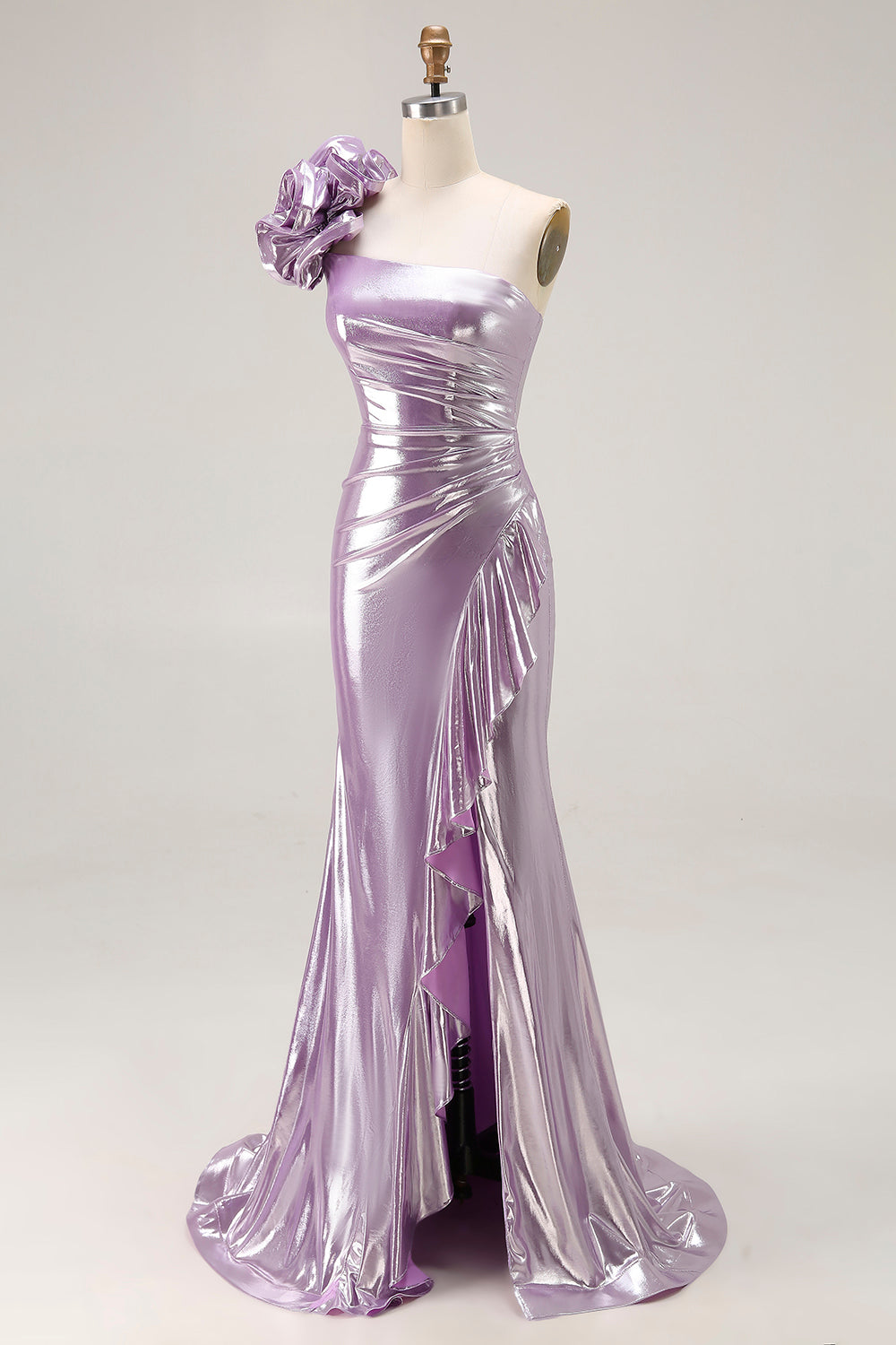 Sparkly Light Purple Metallic Mermaid Ruffled Long Prom Dress with 3D Flower