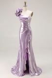 Sparkly Light Purple Metallic Mermaid Ruffled Long Prom Dress with 3D Flower