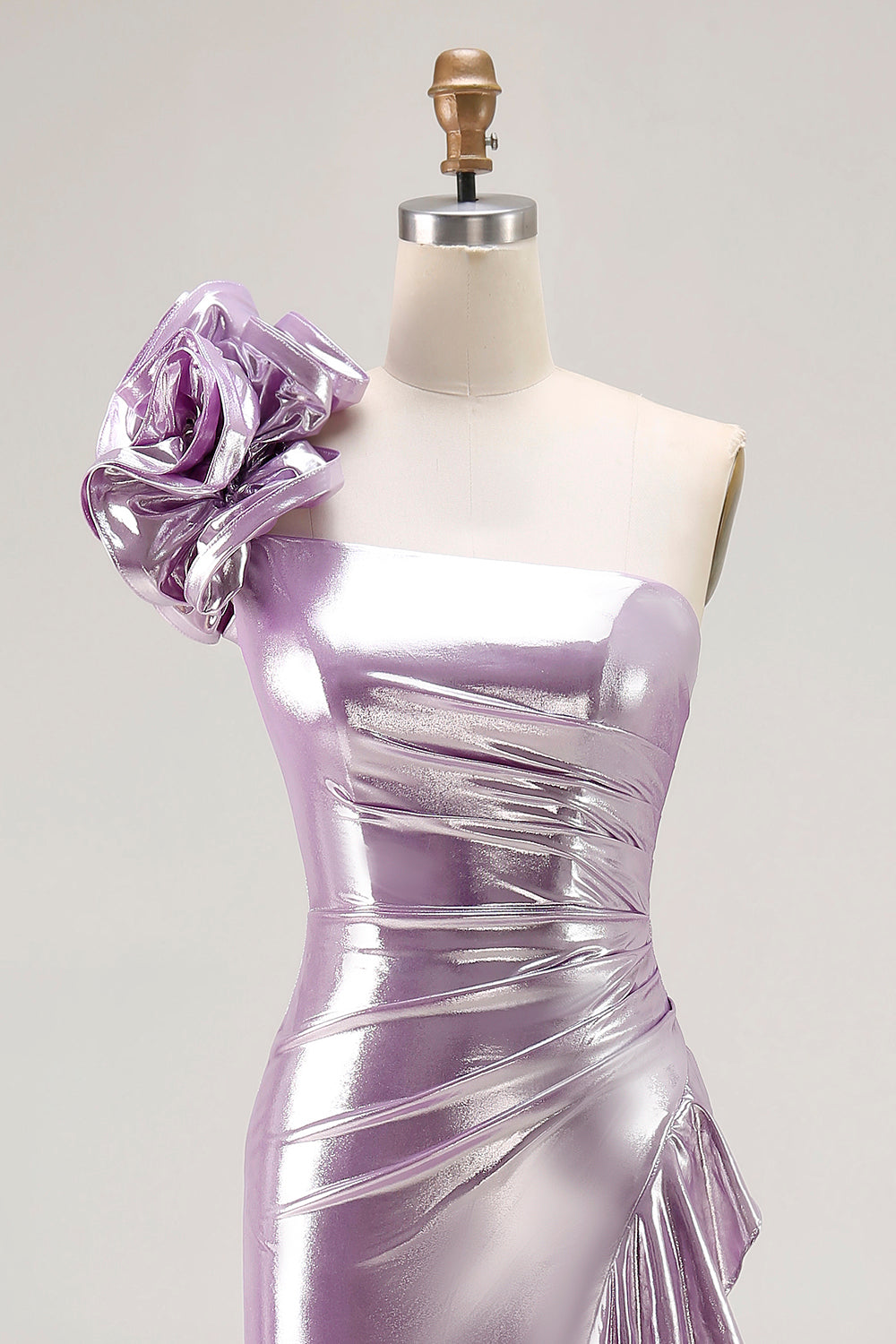 Sparkly Light Purple Metallic Mermaid Ruffled Long Prom Dress with 3D Flower