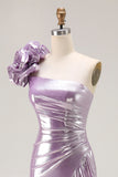 Sparkly Light Purple Metallic Mermaid Ruffled Long Prom Dress with 3D Flower
