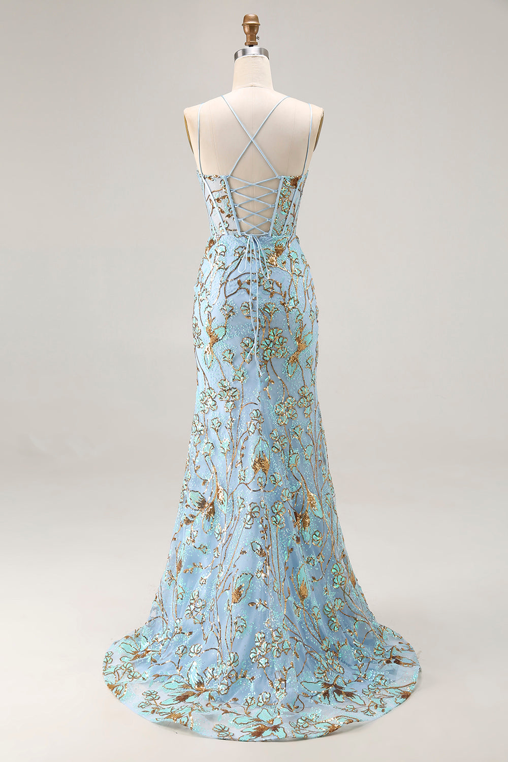 Sparkly Lake Blue Sequins Mermaid Long Corset Prom Dress with Slit