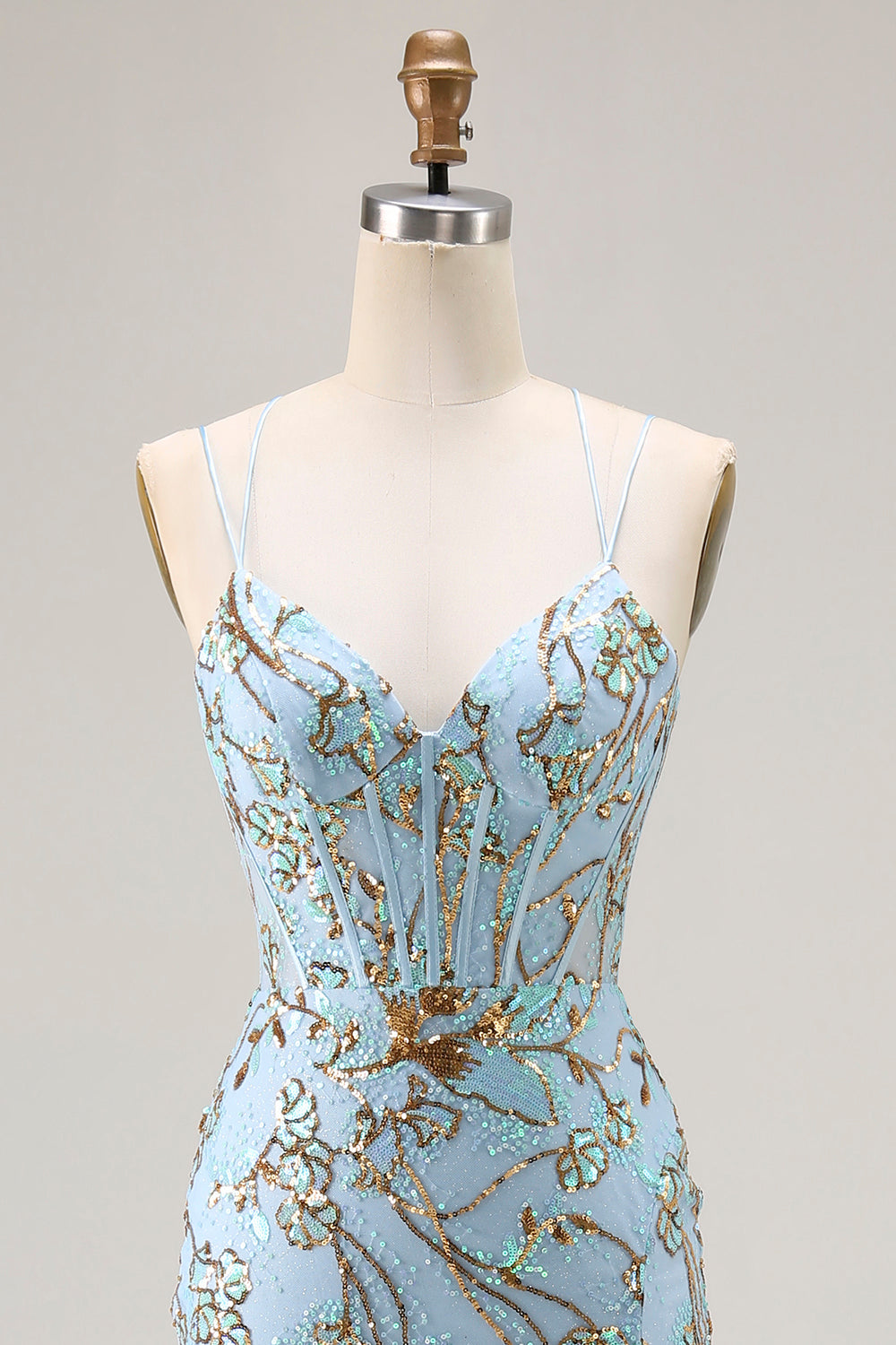 Sparkly Lake Blue Sequins Mermaid Long Corset Prom Dress with Slit