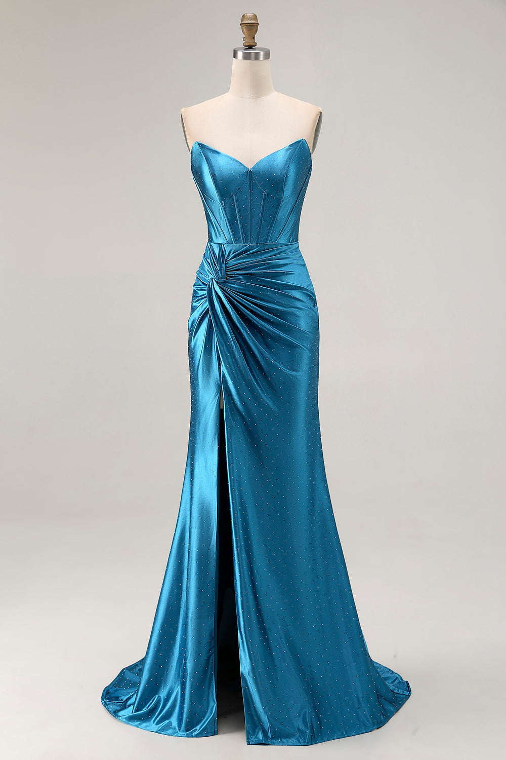 Royal Blue Satin Mermaid Ruched Long Corset Prom Dress with Slit