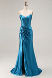 Royal Blue Satin Mermaid Ruched Long Corset Prom Dress with Slit