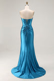 Royal Blue Satin Mermaid Ruched Long Corset Prom Dress with Slit