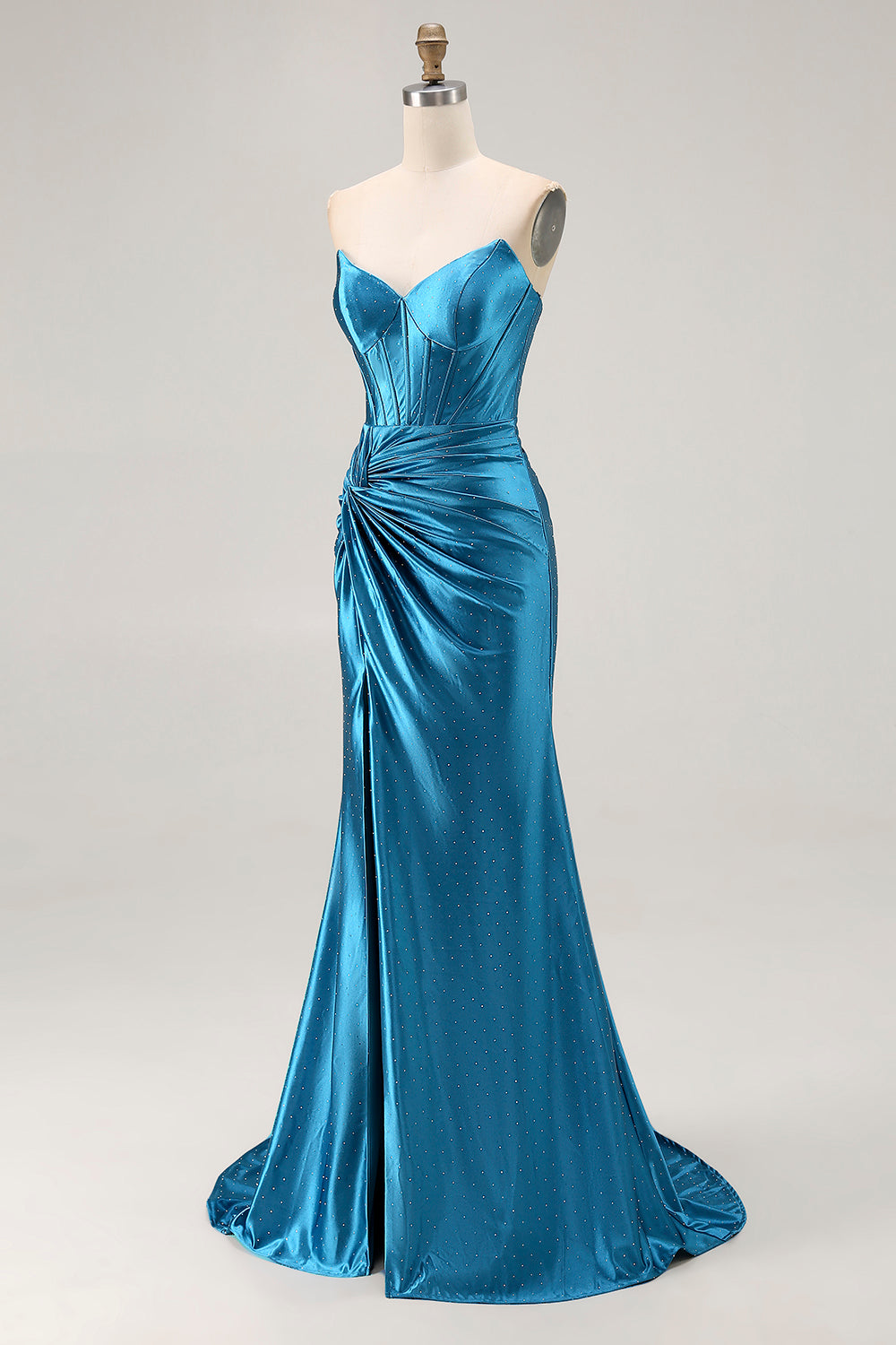 Royal Blue Satin Mermaid Ruched Long Corset Prom Dress with Slit