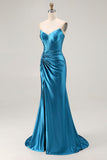Royal Blue Satin Mermaid Ruched Long Corset Prom Dress with Slit