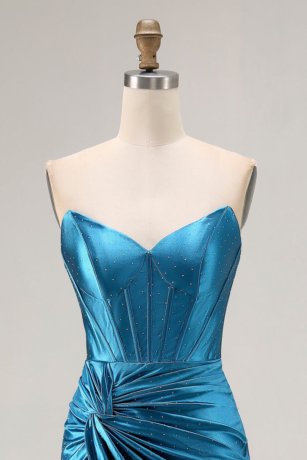 Royal Blue Satin Mermaid Ruched Long Corset Prom Dress with Slit