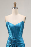 Royal Blue Satin Mermaid Ruched Long Corset Prom Dress with Slit