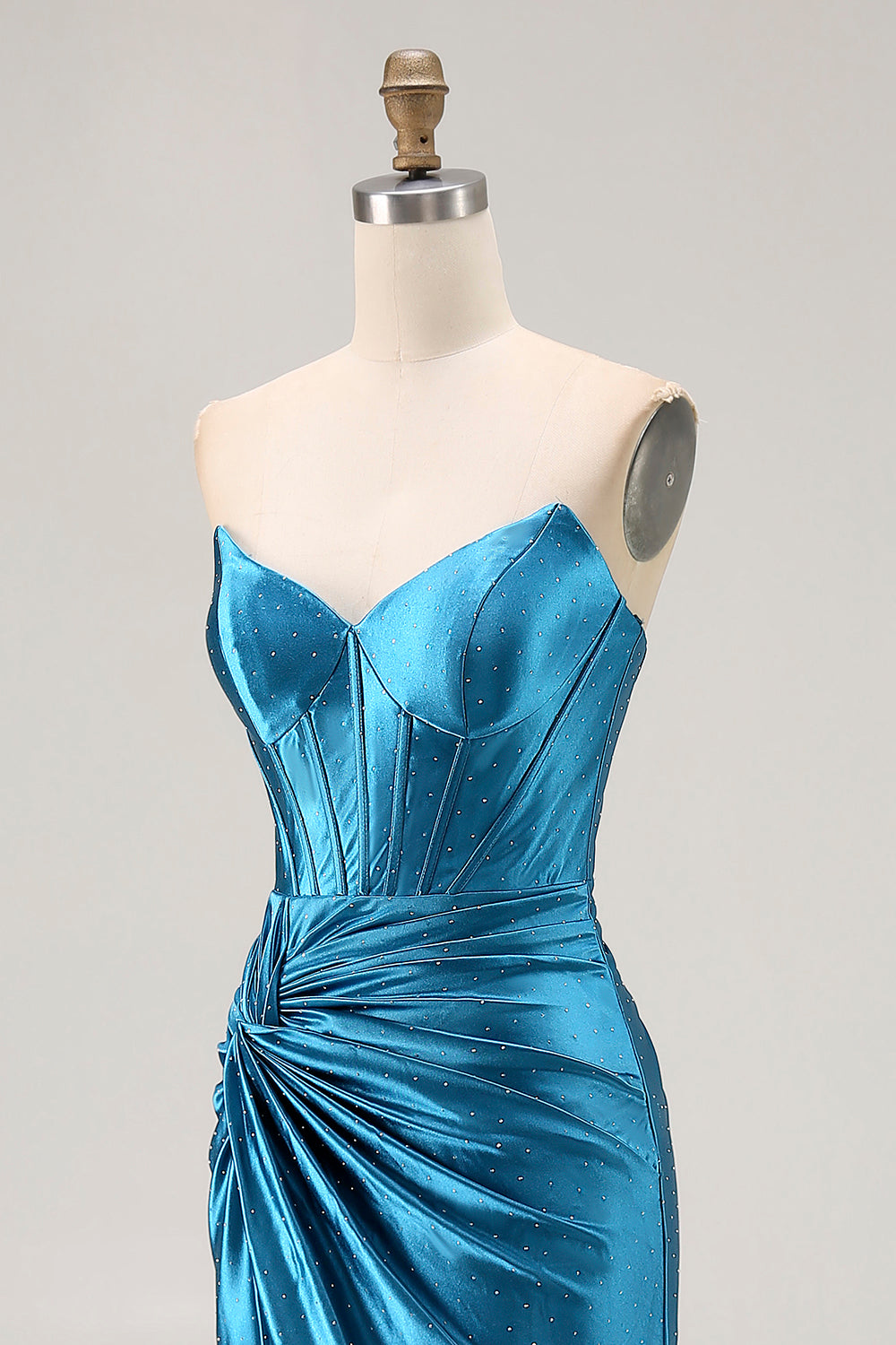 Royal Blue Satin Mermaid Ruched Long Corset Prom Dress with Slit