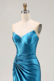 Royal Blue Satin Mermaid Ruched Long Corset Prom Dress with Slit