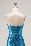 Royal Blue Satin Mermaid Ruched Long Corset Prom Dress with Slit