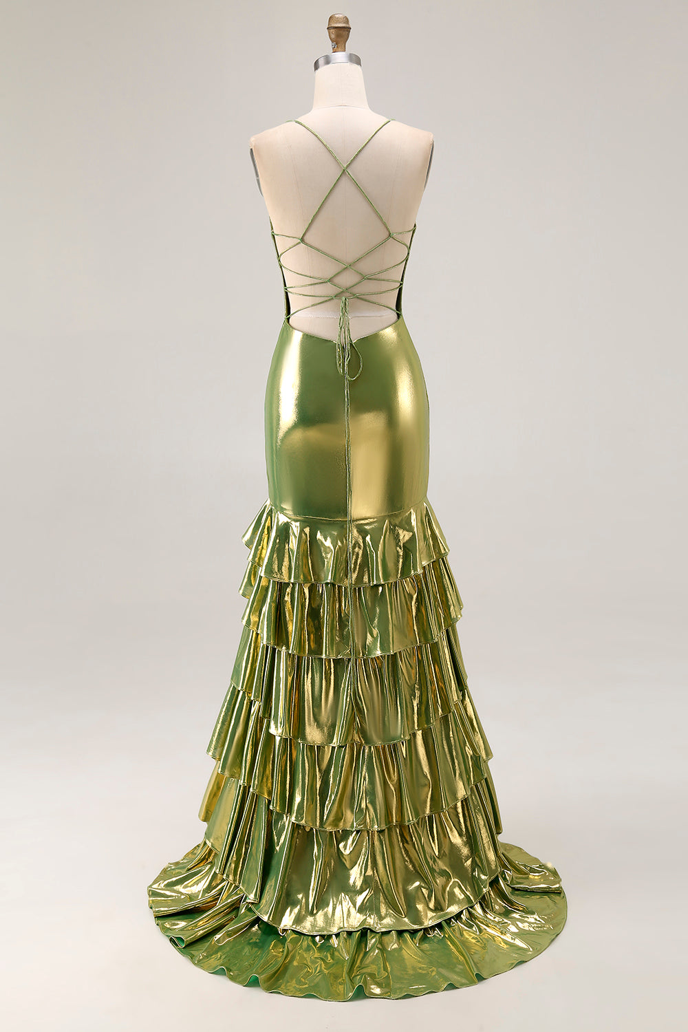 Gold Metallic Mermaid Tiered Long Prom Dress with Ruffles