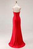 Red Satin Mermaid Ruched Long Corset Prom Dress