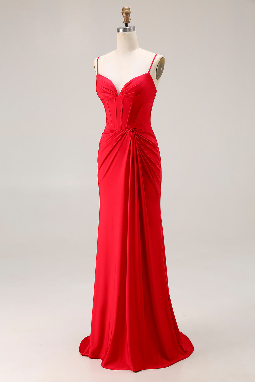 Red Satin Mermaid Ruched Long Corset Prom Dress