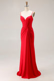 Red Satin Mermaid Ruched Long Corset Prom Dress