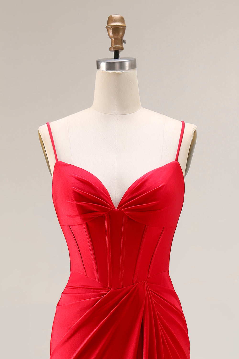 Red Satin Mermaid Ruched Long Corset Prom Dress