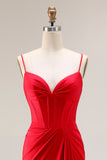 Red Satin Mermaid Ruched Long Corset Prom Dress