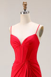 Red Satin Mermaid Ruched Long Corset Prom Dress