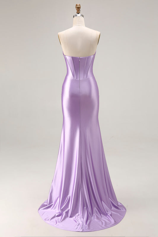 Purple Satin Sweetheart Mermaid Ruched Long Corset Prom Dress with Slit