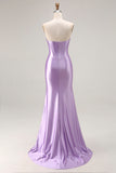 Purple Satin Sweetheart Mermaid Ruched Long Corset Prom Dress with Slit