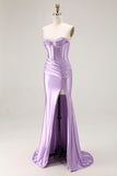 Purple Satin Sweetheart Mermaid Ruched Long Corset Prom Dress with Slit