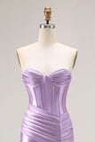 Purple Satin Sweetheart Mermaid Ruched Long Corset Prom Dress with Slit