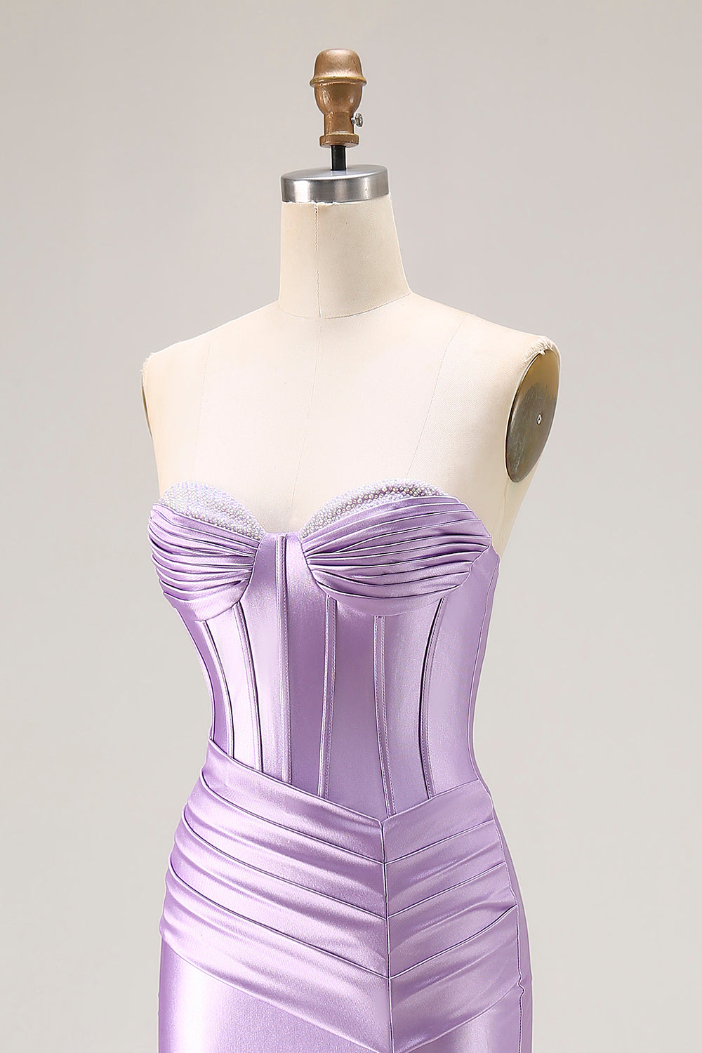 Purple Satin Sweetheart Mermaid Ruched Long Corset Prom Dress with Slit