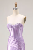 Purple Satin Sweetheart Mermaid Ruched Long Corset Prom Dress with Slit