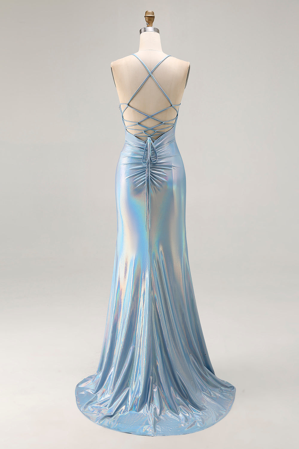 Sparkly Light Blue Ruched Metallic Mermaid Long Prom Dress