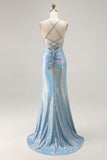 Sparkly Light Blue Ruched Metallic Mermaid Long Prom Dress