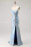 Sparkly Light Blue Ruched Metallic Mermaid Long Prom Dress