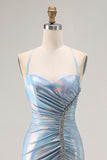 Sparkly Light Blue Ruched Metallic Mermaid Long Prom Dress