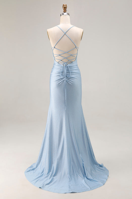 Sparkly Light Blue Beaded Satin Mermaid Long Prom Dress with Slit