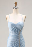 Sparkly Light Blue Beaded Satin Mermaid Long Prom Dress with Slit