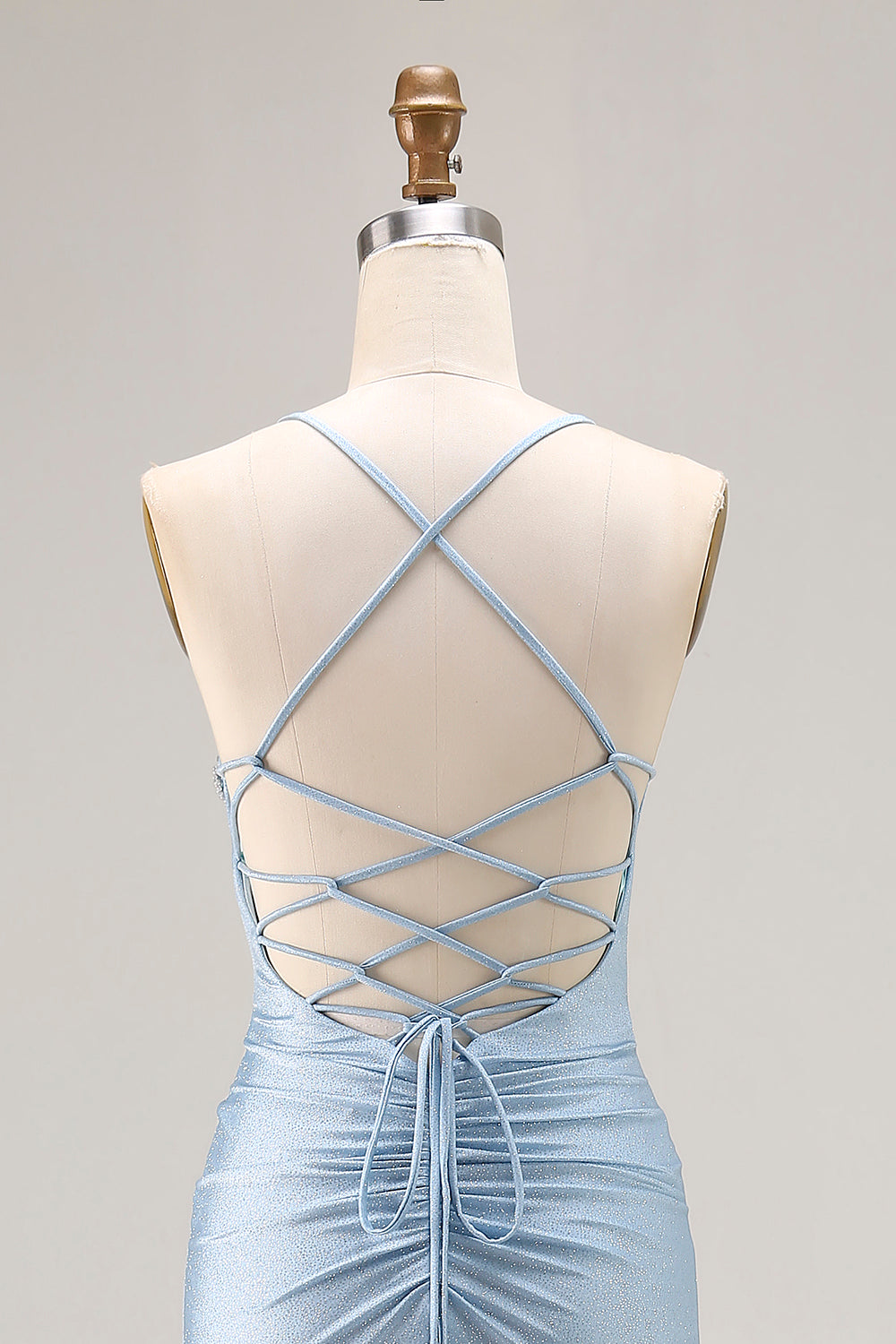 Sparkly Light Blue Beaded Satin Mermaid Long Prom Dress with Slit