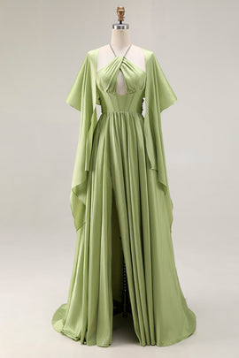 Zapakasa Women Sage Green Corset Long Prom Dress with Slit A Line Keyhole Formal Dress with Side Cape Zapakasa Women Sage Green Corset Long Prom Dress with Slit A Line Keyhole Formal Dress with Side Cape