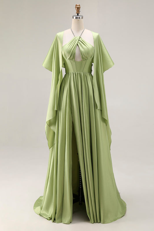 Sage Green Corset A Line Keyhole Long Prom Dress with Slit