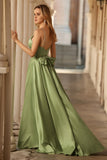 Sage Green Corset A Line Keyhole Long Prom Dress with Slit
