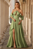Sage Green Corset A Line Keyhole Long Prom Dress with Slit