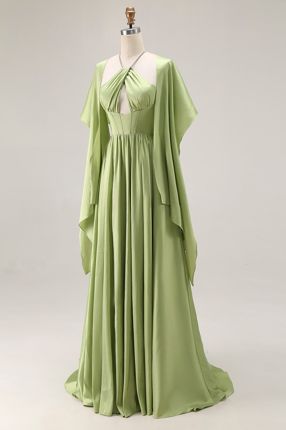 Sage Green Corset A Line Keyhole Long Prom Dress with Slit
