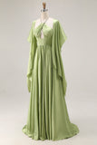 Sage Green Corset A Line Keyhole Long Prom Dress with Slit