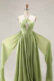 Sage Green Corset A Line Keyhole Long Prom Dress with Slit