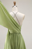 Sage Green Corset A Line Keyhole Long Prom Dress with Slit