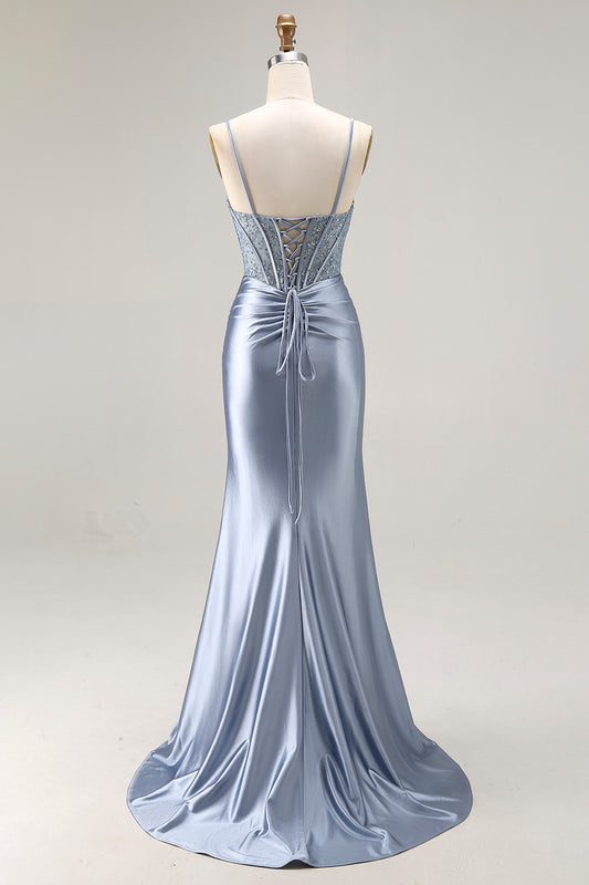 Sparkly Grey Blue Mermaid Corset Long Prom Dress with Beading