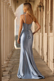 Sparkly Grey Blue Mermaid Long Corset Prom Dress with Beading