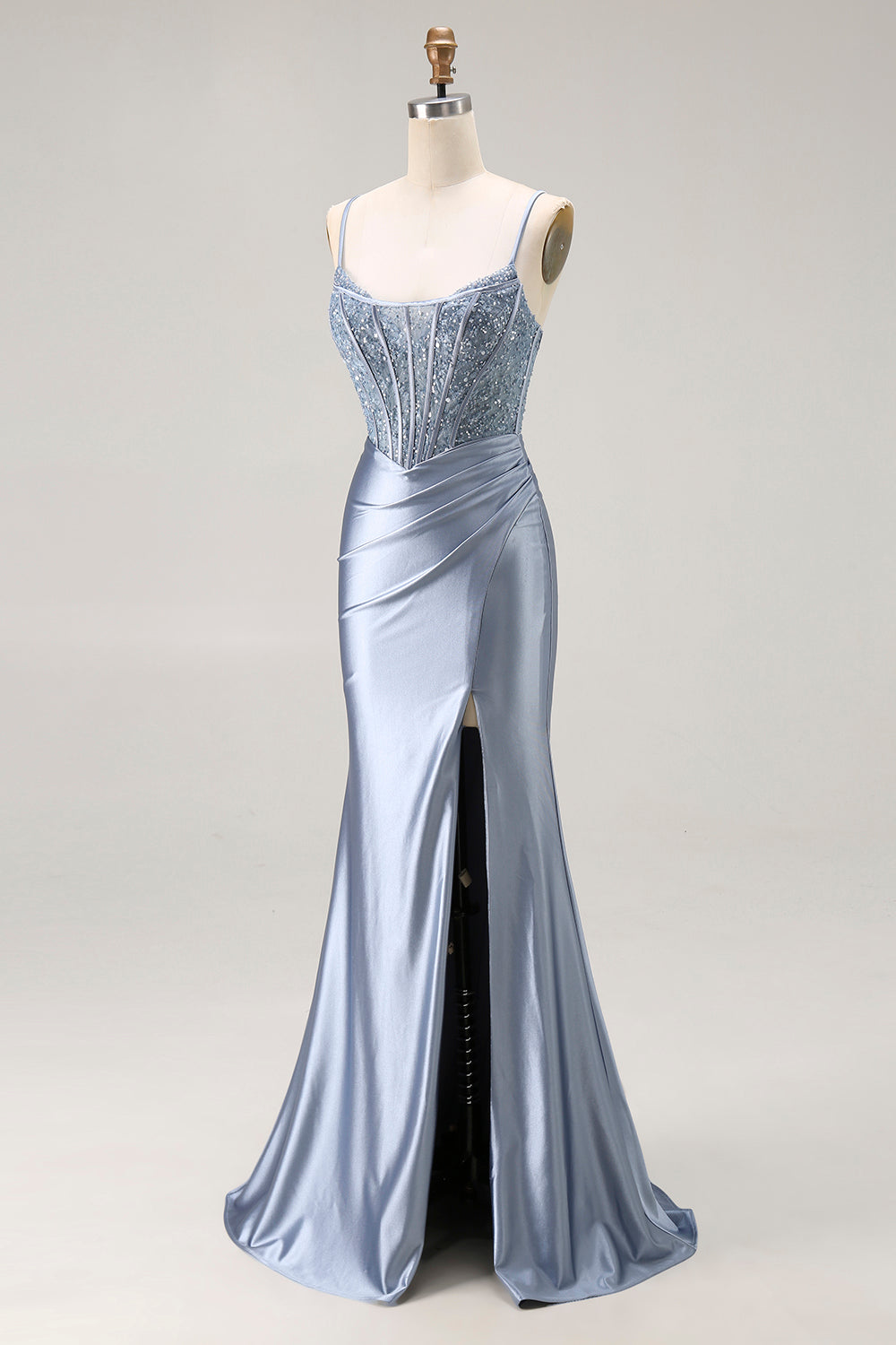 Sparkly Grey Blue Mermaid Corset Long Prom Dress with Beading