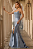 Sparkly Grey Blue Mermaid Long Corset Prom Dress with Beading